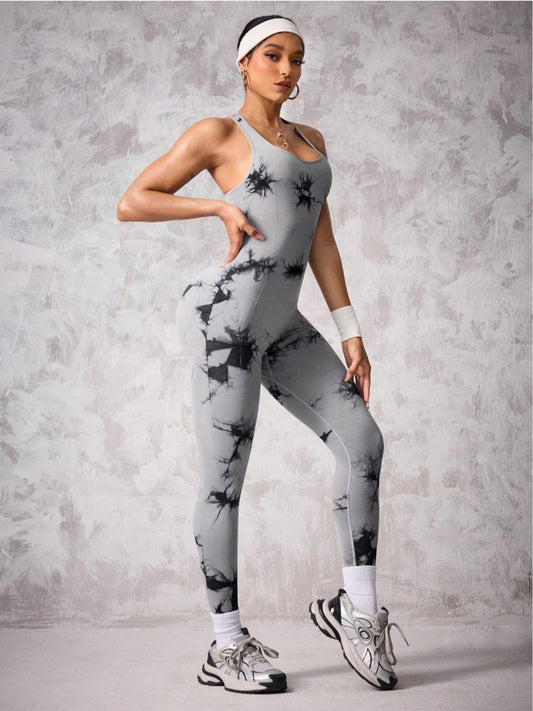 Back Crisscross Tie-Dye Scoop Neck Active Jumpsuit - FitFemme.Shop