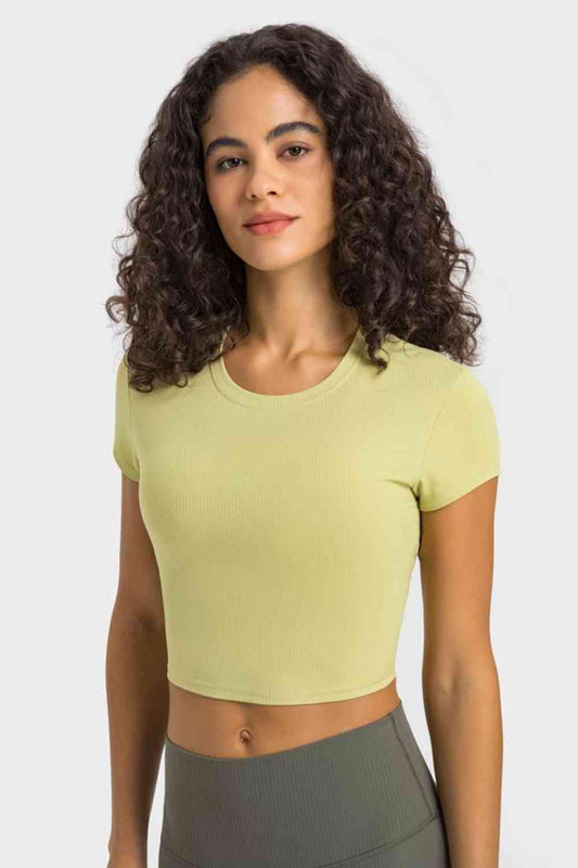 Millennia Round Neck Short Sleeve Cropped Sports T-Shirt - FitFemme.Shop