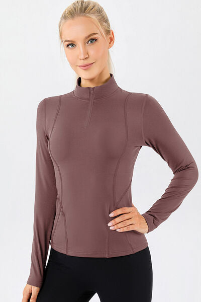 Mock Neck Quarter Zip Active T-Shirt - FitFemme.Shop
