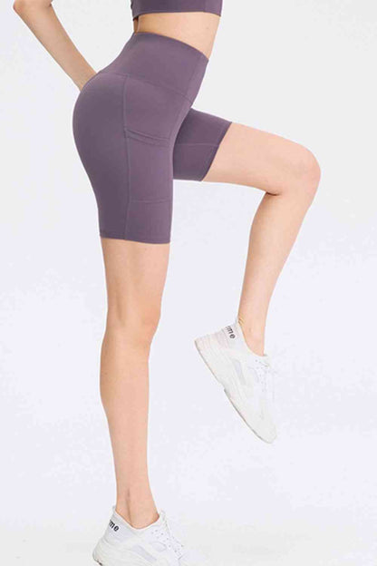 Wide Waistband Sports Shorts with Pockets - FitFemme.Shop