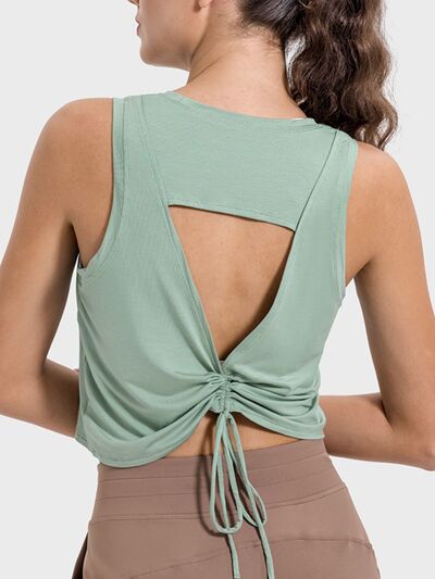 Millennia Drawstring Cutout Round Neck Active Tank - FitFemme.Shop