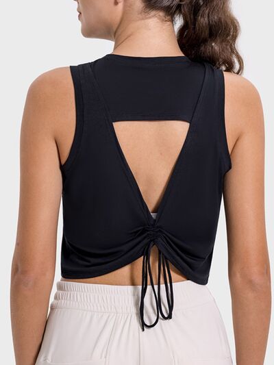 Millennia Drawstring Cutout Round Neck Active Tank - FitFemme.Shop