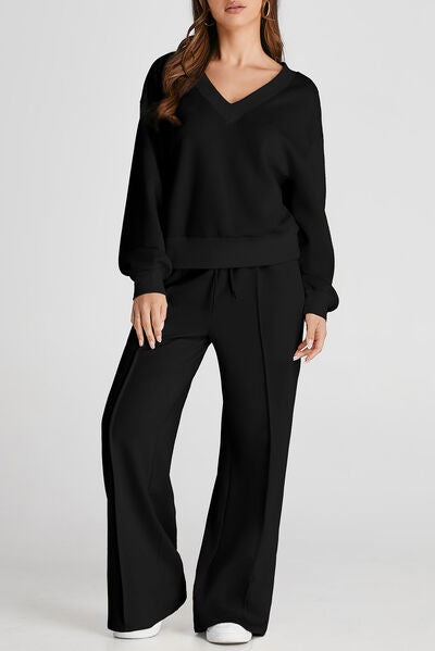 V-Neck Long Sleeve Top and Pants Active Set - FitFemme.Shop