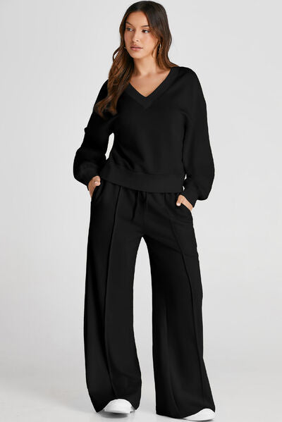 V-Neck Long Sleeve Top and Pants Active Set - FitFemme.Shop