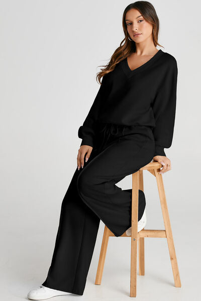 V-Neck Long Sleeve Top and Pants Active Set - FitFemme.Shop