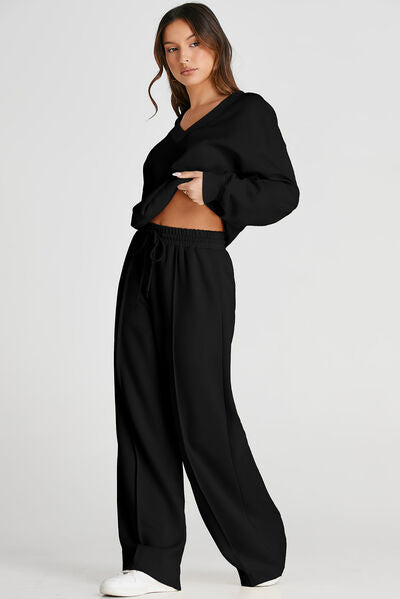 V-Neck Long Sleeve Top and Pants Active Set - FitFemme.Shop