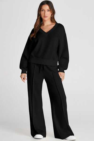 V-Neck Long Sleeve Top and Pants Active Set - FitFemme.Shop