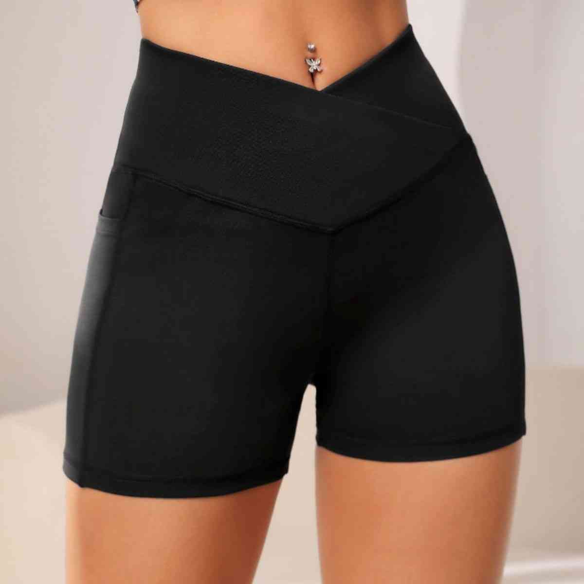 Wide Waistband Active Shorts with Pocket - FitFemme.Shop