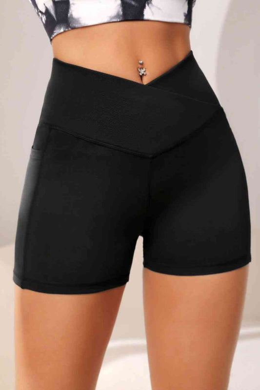Wide Waistband Active Shorts with Pocket - FitFemme.Shop