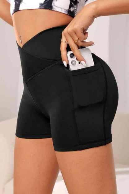 Wide Waistband Active Shorts with Pocket - FitFemme.Shop