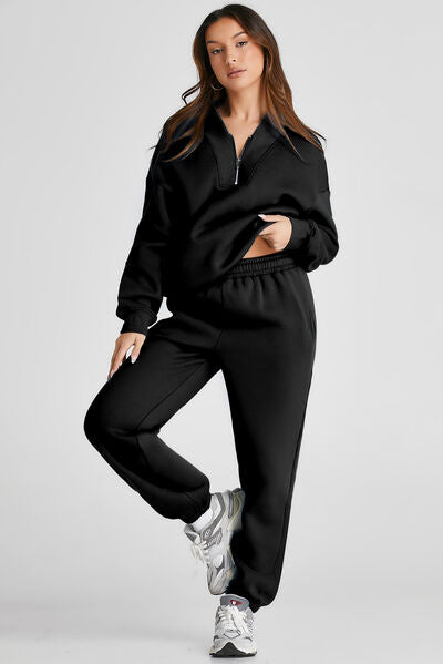 Quarter Zip Long Sleeve Top and Pants Set - FitFemme.Shop