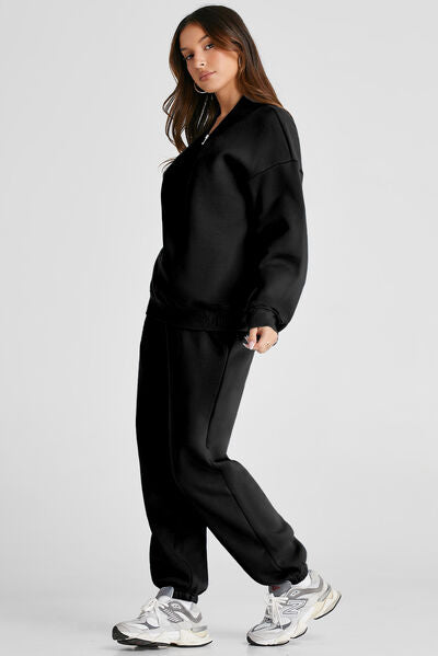 Quarter Zip Long Sleeve Top and Pants Set - FitFemme.Shop