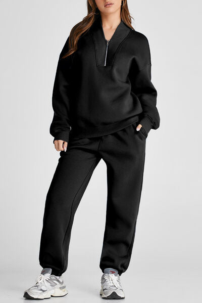 Quarter Zip Long Sleeve Top and Pants Set - FitFemme.Shop