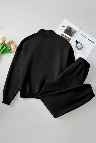 Quarter Zip Long Sleeve Top and Pants Set - FitFemme.Shop