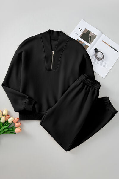 Quarter Zip Long Sleeve Top and Pants Set - FitFemme.Shop