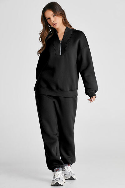 Quarter Zip Long Sleeve Top and Pants Set - FitFemme.Shop