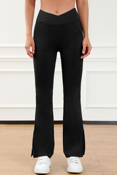 Wide Waistband Slit Bootcut Active Pants - FitFemme.Shop