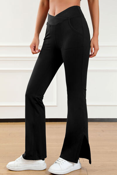 Wide Waistband Slit Bootcut Active Pants - FitFemme.Shop