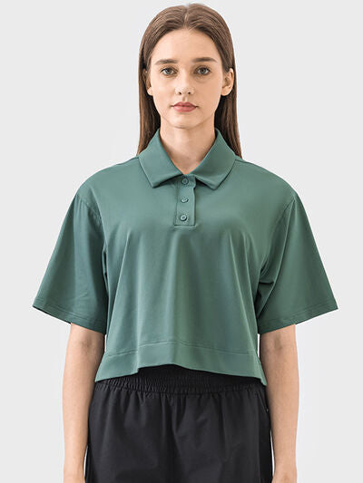 Millennia Half Button Short Sleeve Active T-Shirt - FitFemme.Shop