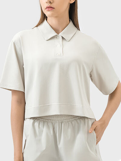 Millennia Half Button Short Sleeve Active T-Shirt - FitFemme.Shop