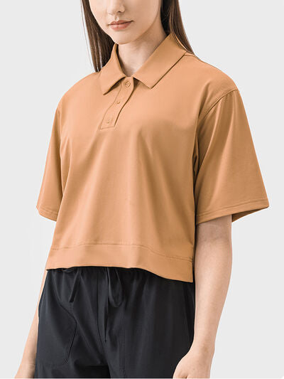 Millennia Half Button Short Sleeve Active T-Shirt - FitFemme.Shop
