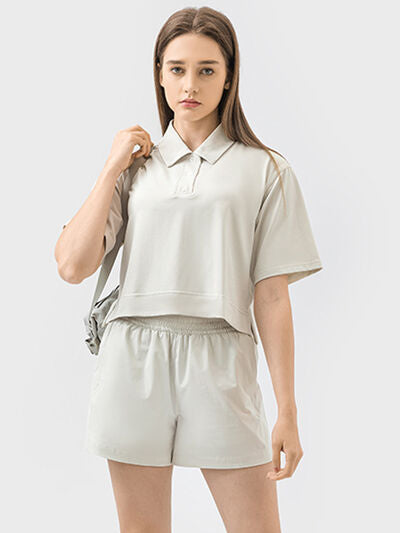 Millennia Half Button Short Sleeve Active T-Shirt - FitFemme.Shop