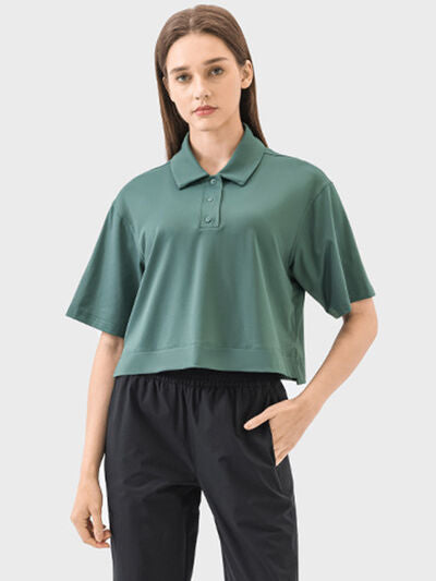 Millennia Half Button Short Sleeve Active T-Shirt - FitFemme.Shop