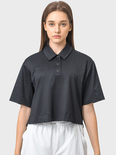 Millennia Half Button Short Sleeve Active T-Shirt - FitFemme.Shop