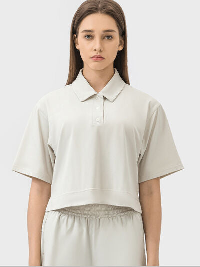 Millennia Half Button Short Sleeve Active T-Shirt - FitFemme.Shop