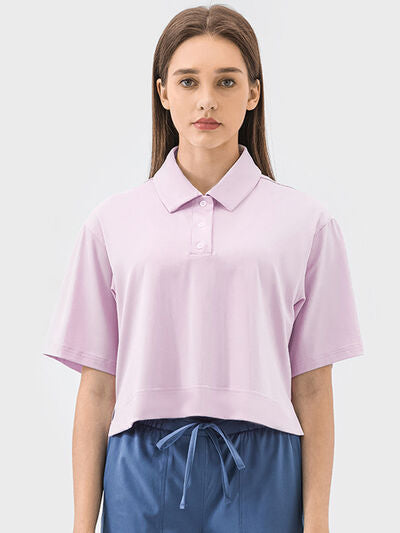 Millennia Half Button Short Sleeve Active T-Shirt - FitFemme.Shop