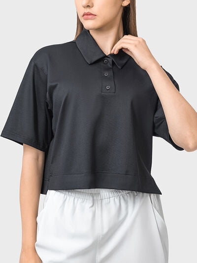 Millennia Half Button Short Sleeve Active T-Shirt - FitFemme.Shop