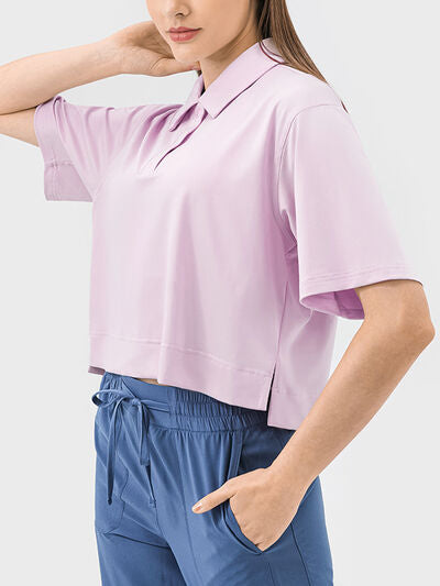 Millennia Half Button Short Sleeve Active T-Shirt - FitFemme.Shop