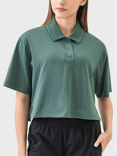 Millennia Half Button Short Sleeve Active T-Shirt - FitFemme.Shop