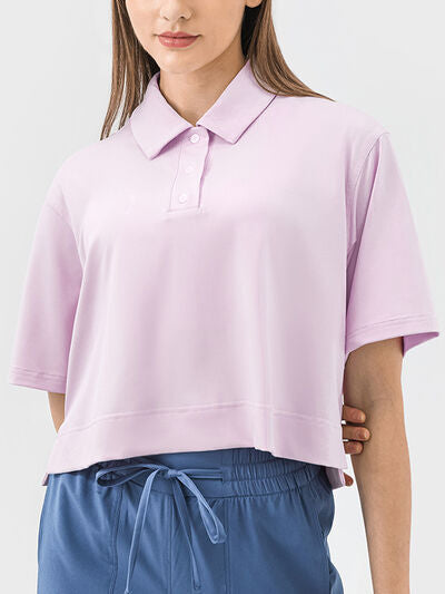 Millennia Half Button Short Sleeve Active T-Shirt - FitFemme.Shop