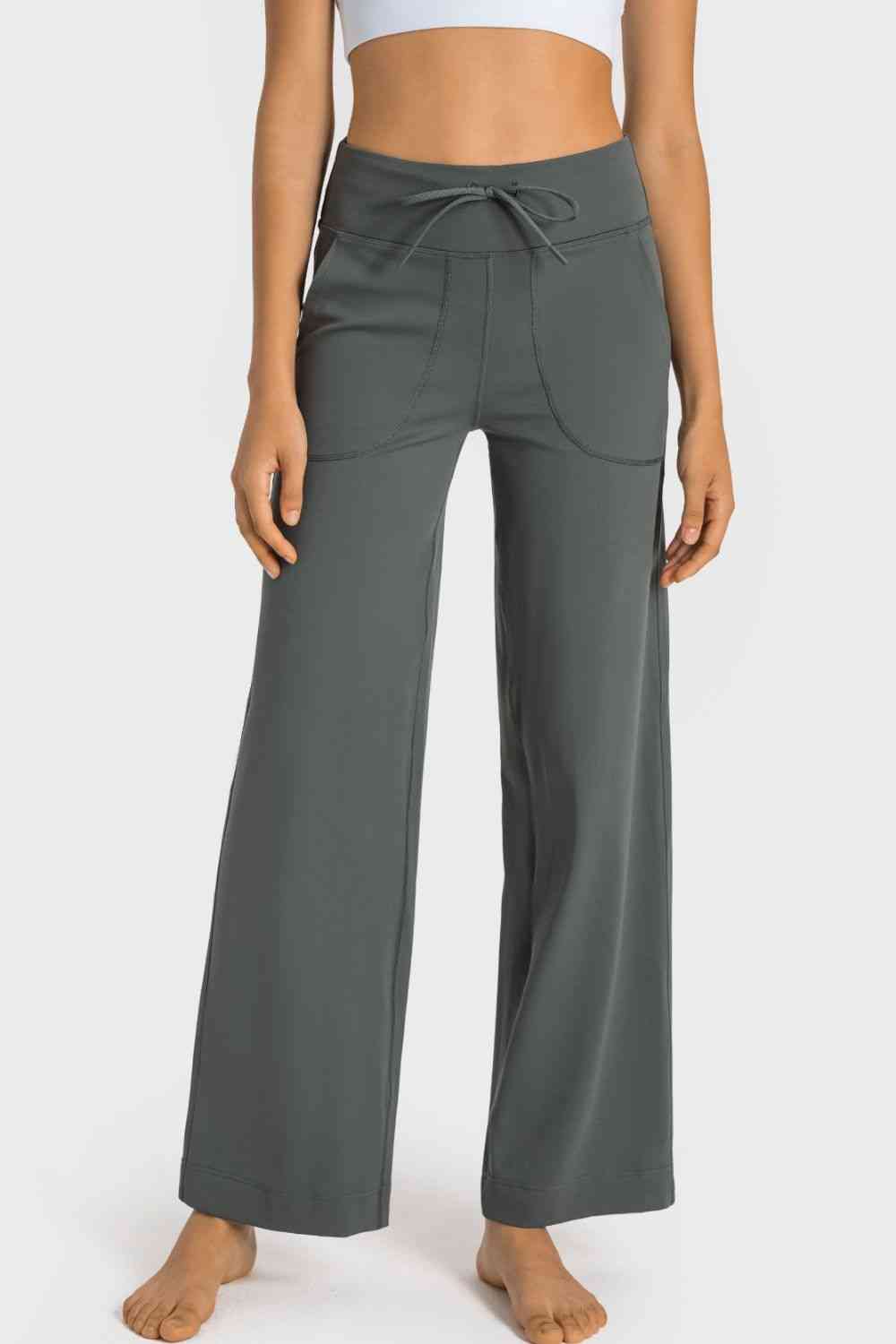 Millennia Drawstring Waist Wide Leg Sports Pants with Pockets - FitFemme.Shop