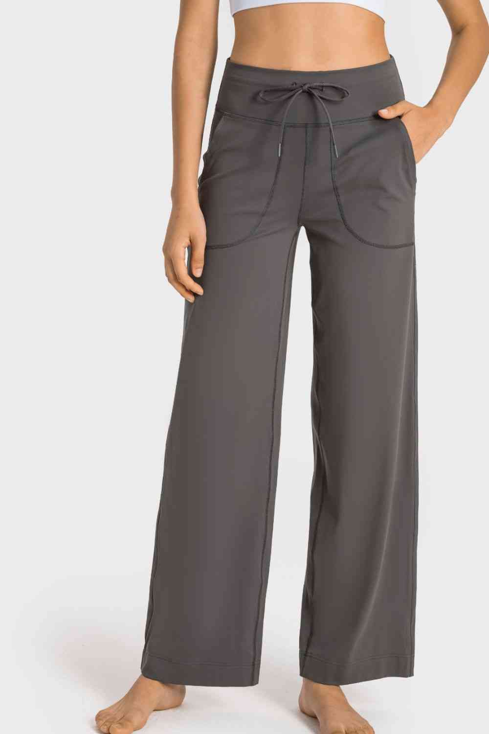Millennia Drawstring Waist Wide Leg Sports Pants with Pockets - FitFemme.Shop