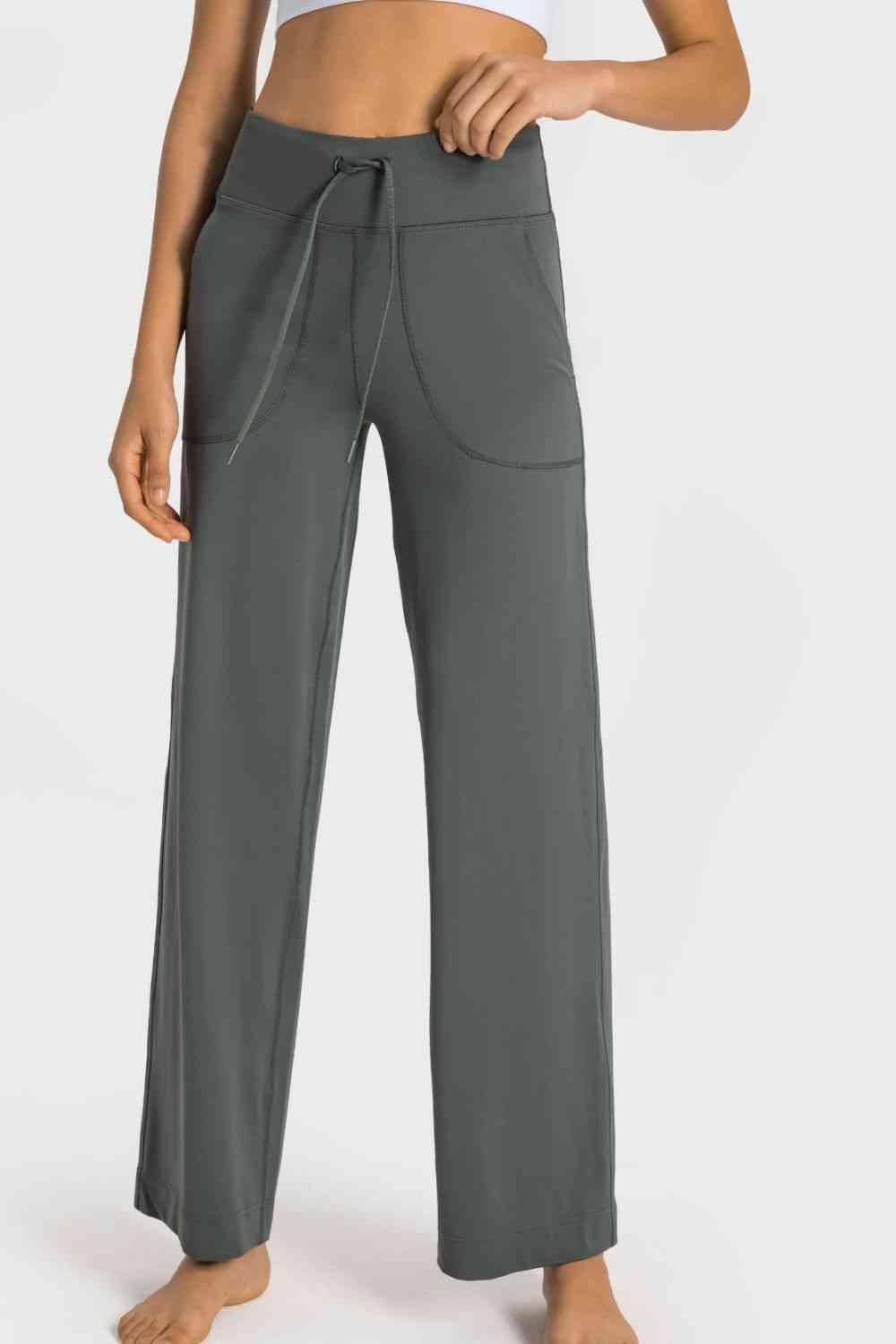 Millennia Drawstring Waist Wide Leg Sports Pants with Pockets - FitFemme.Shop
