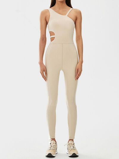 Cutout Asymmetrical Neck Active Jumpsuit - FitFemme.Shop