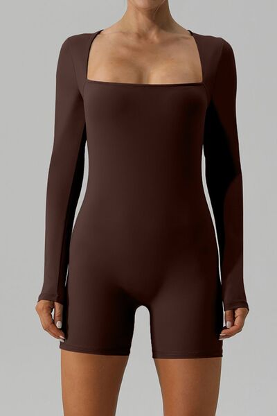 Square Neck Long Sleeve Active Romper - FitFemme.Shop