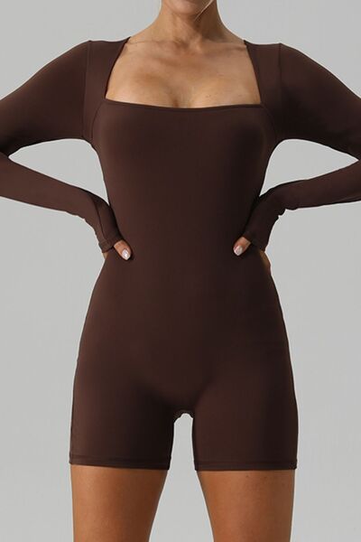 Square Neck Long Sleeve Active Romper - FitFemme.Shop