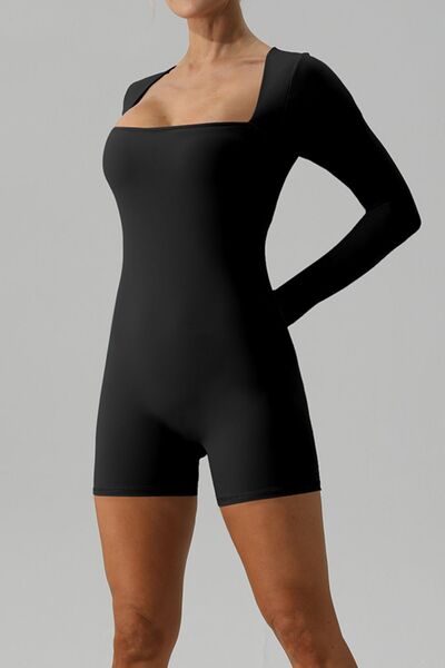 Square Neck Long Sleeve Active Romper - FitFemme.Shop