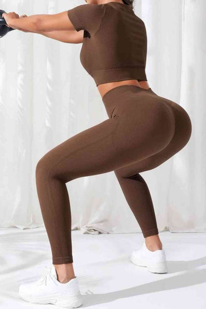 V-Neck Crop Top and High Waistband Long Active Pants - FitFemme.Shop