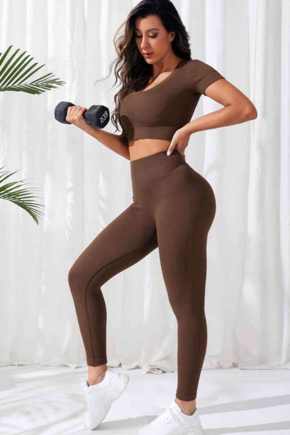V-Neck Crop Top and High Waistband Long Active Pants - FitFemme.Shop