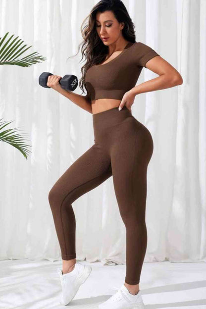 V-Neck Crop Top and High Waistband Long Active Pants - FitFemme.Shop