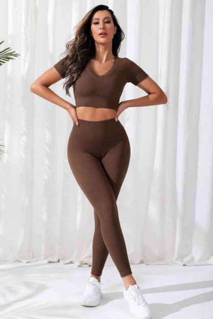 V-Neck Crop Top and High Waistband Long Active Pants - FitFemme.Shop