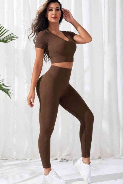 V-Neck Crop Top and High Waistband Long Active Pants - FitFemme.Shop