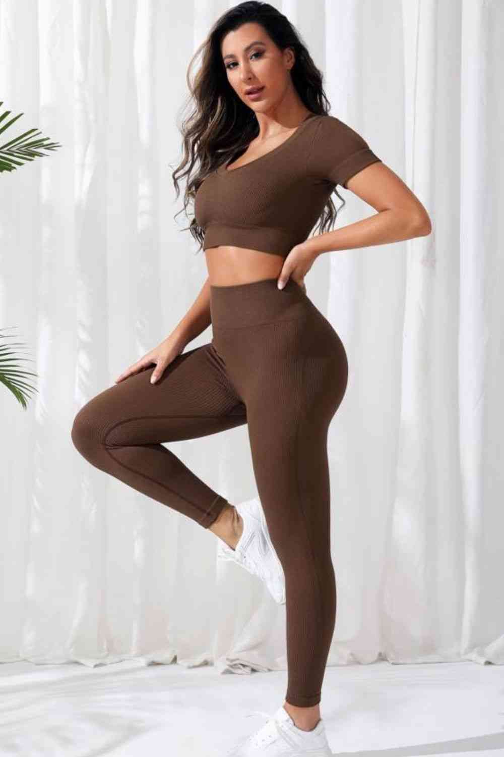 V-Neck Crop Top and High Waistband Long Active Pants - FitFemme.Shop