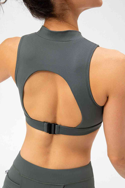Full Size Cropped Cutout Back Zipper Front Active Tank Top - FitFemme.Shop