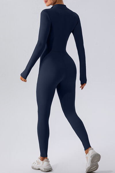 Half Zip Mock Neck Active Jumpsuit - FitFemme.Shop