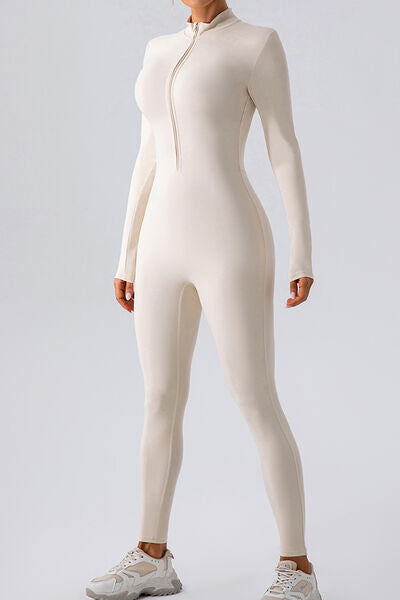 Half Zip Mock Neck Active Jumpsuit - FitFemme.Shop